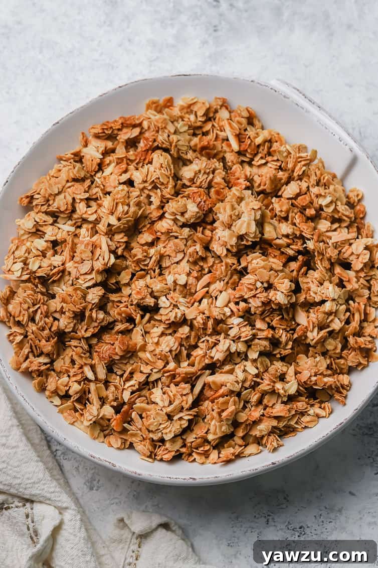 A shallow bowl overflowing with freshly baked, clumpy homemade granola, ready to be served.