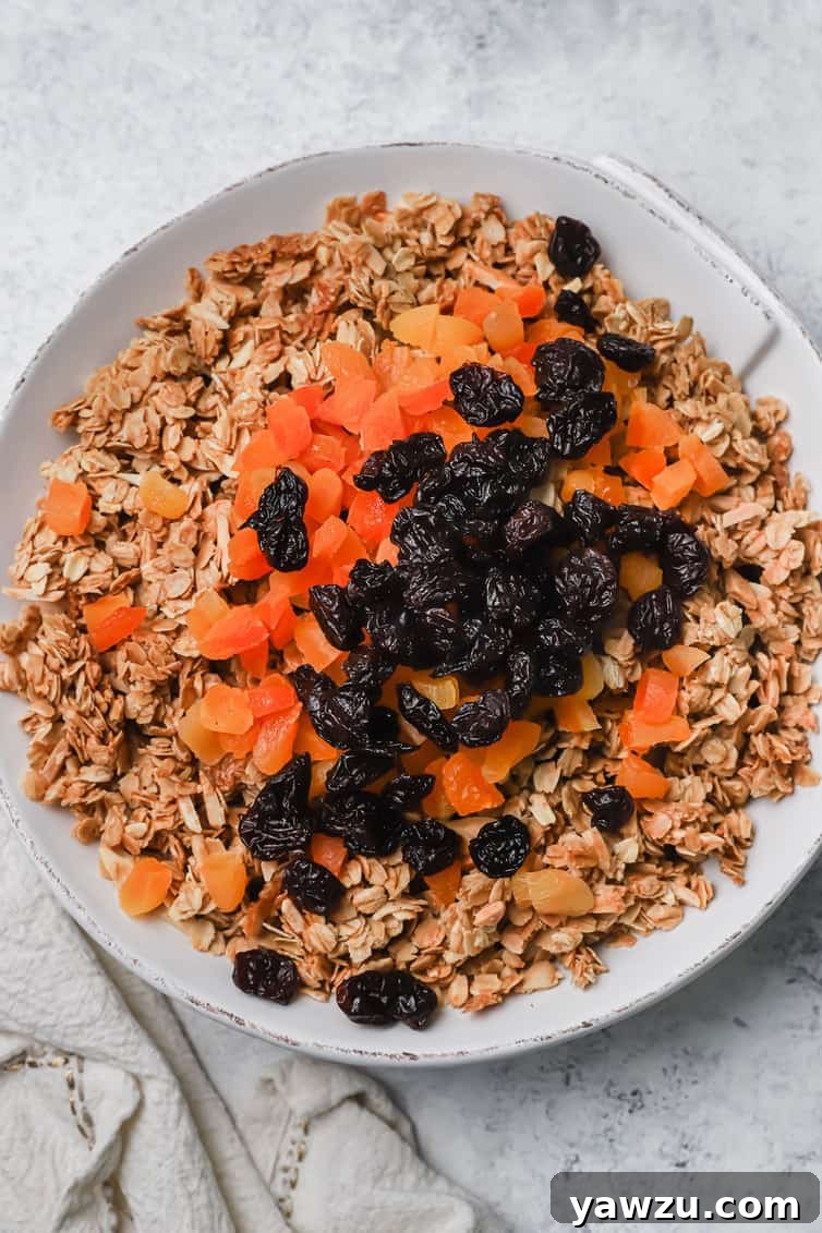 A close-up shot of a bowl filled with homemade granola, generously topped with an assortment of colorful dried fruits.