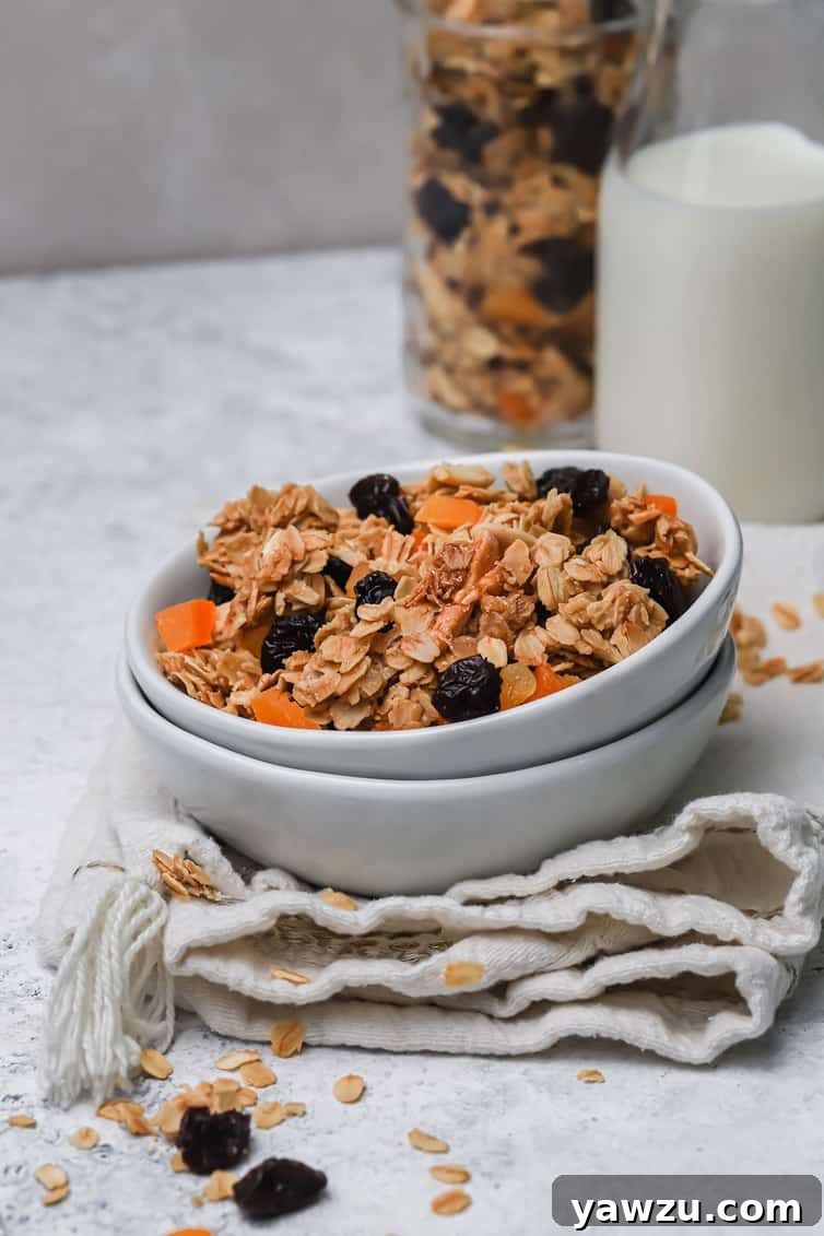 A beautifully composed scene featuring a bowl of homemade granola with dried fruit, a glass of milk, and a jar of granola in the background, suggesting a wholesome breakfast.