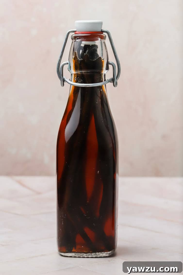 Glass bottle of homemade vanilla extract.