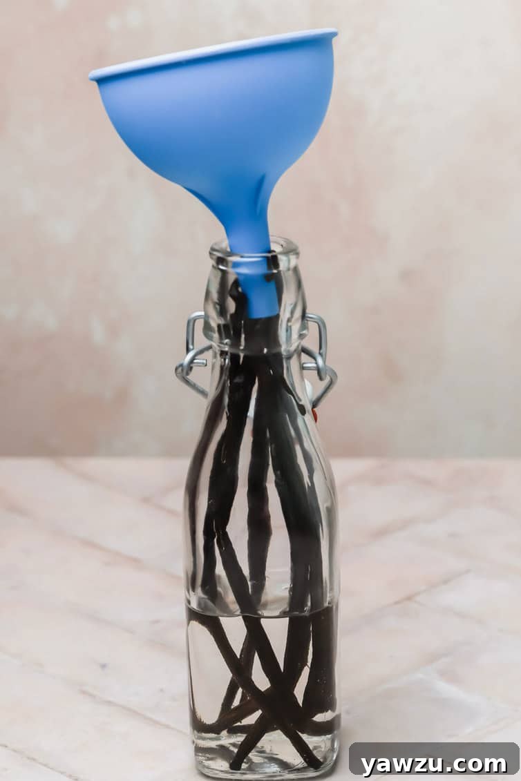 Glass bottle with vanilla beans inside and a funnel in the top.