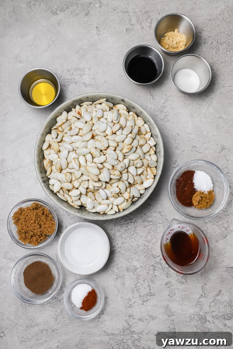 Various ingredients for roasting pumpkin seeds, including oil and spice blends in small bowls, are neatly arranged on a kitchen counter, ready for preparation.
