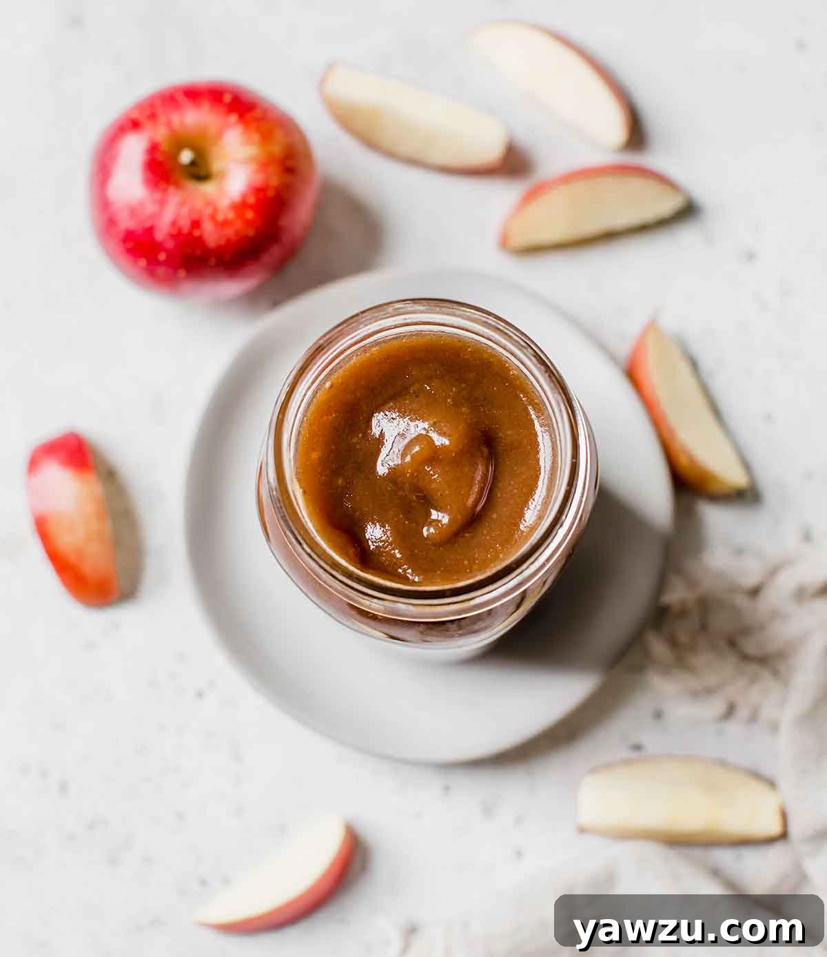 Overhead photo of jar of apple butter on a white plate with sliced apples around it.