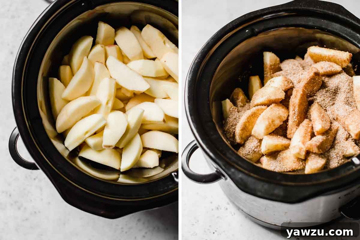 Sliced apples in a slow cooker and covered in a sugar and spice mixture.