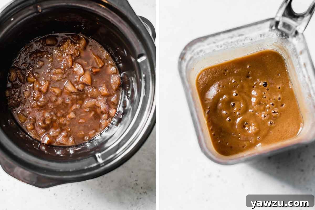 Apples cooked down in a slow cooker, next to an image of a blender jar with pureed apple butter inside.