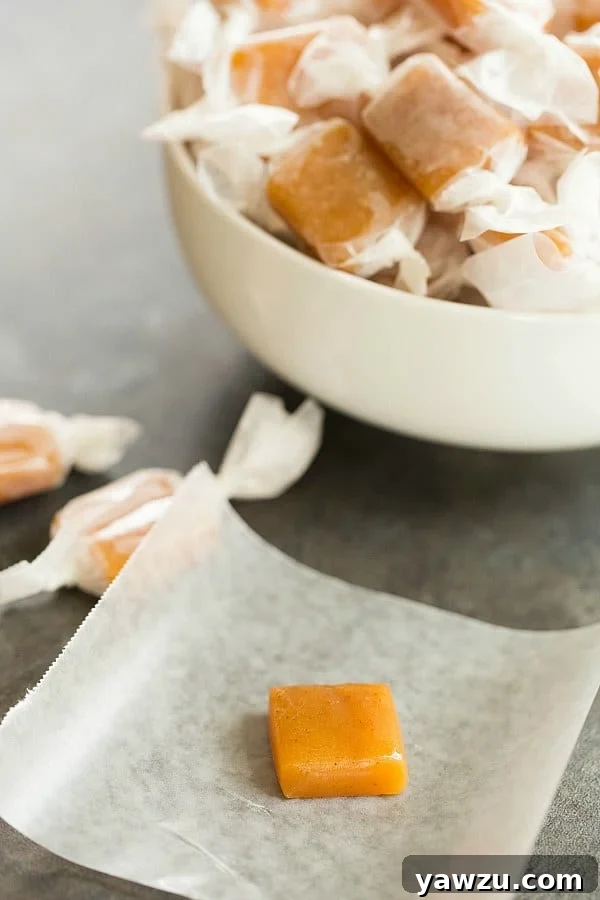 Rich, chewy Apple Cider Caramels with a hint of cinnamon and sea salt – the perfect fall treat that tastes just like apple pie.