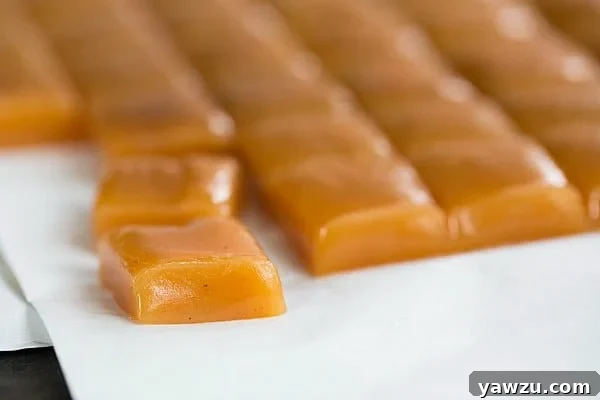 A close-up of a batch of homemade Apple Cider Caramels cooling in a pan, showcasing their rich color and inviting texture.