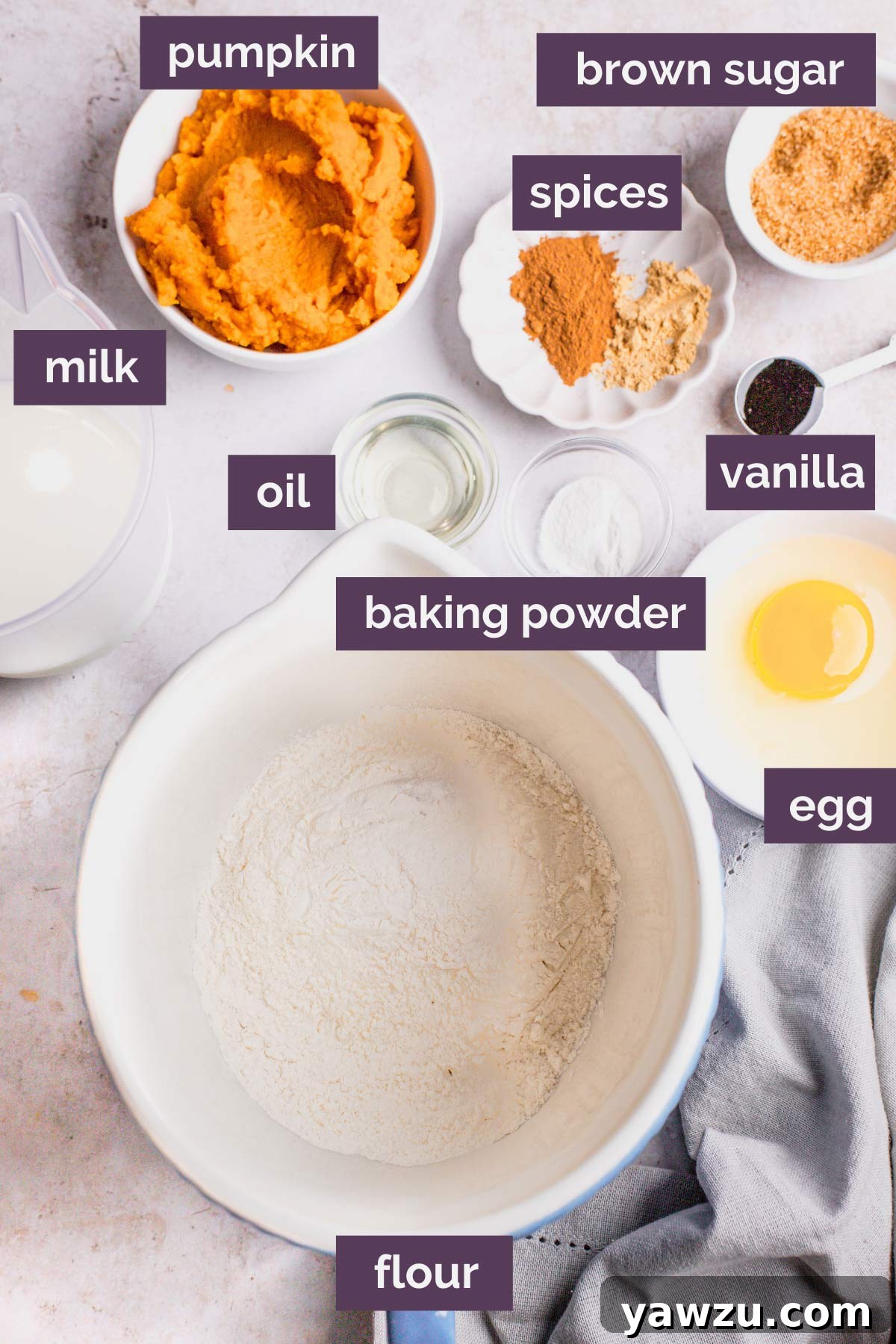 Arrangement of individual ingredients for pumpkin pancakes laid out in small white bowls, clearly labeled.