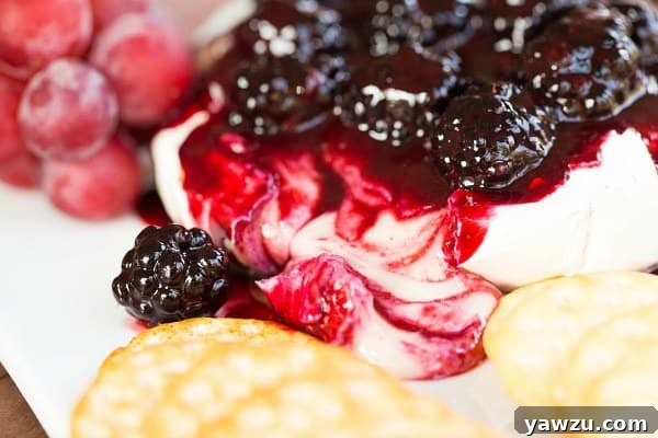 Close-up of baked brie with fresh blackberry compote
