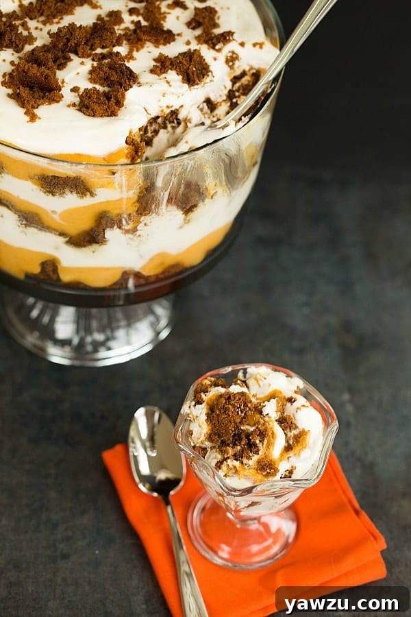 Close-up of a Pumpkin-Gingerbread Trifle showing the rich layers of cake, pumpkin cream, and whipped cream