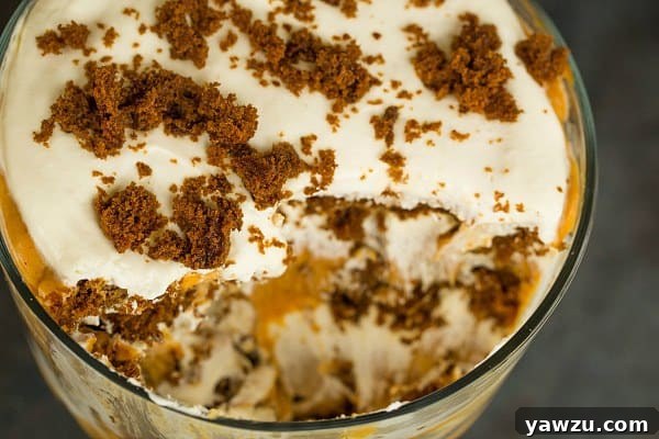 Portion of Pumpkin-Gingerbread Trifle in a serving dish, highlighting the individual layers