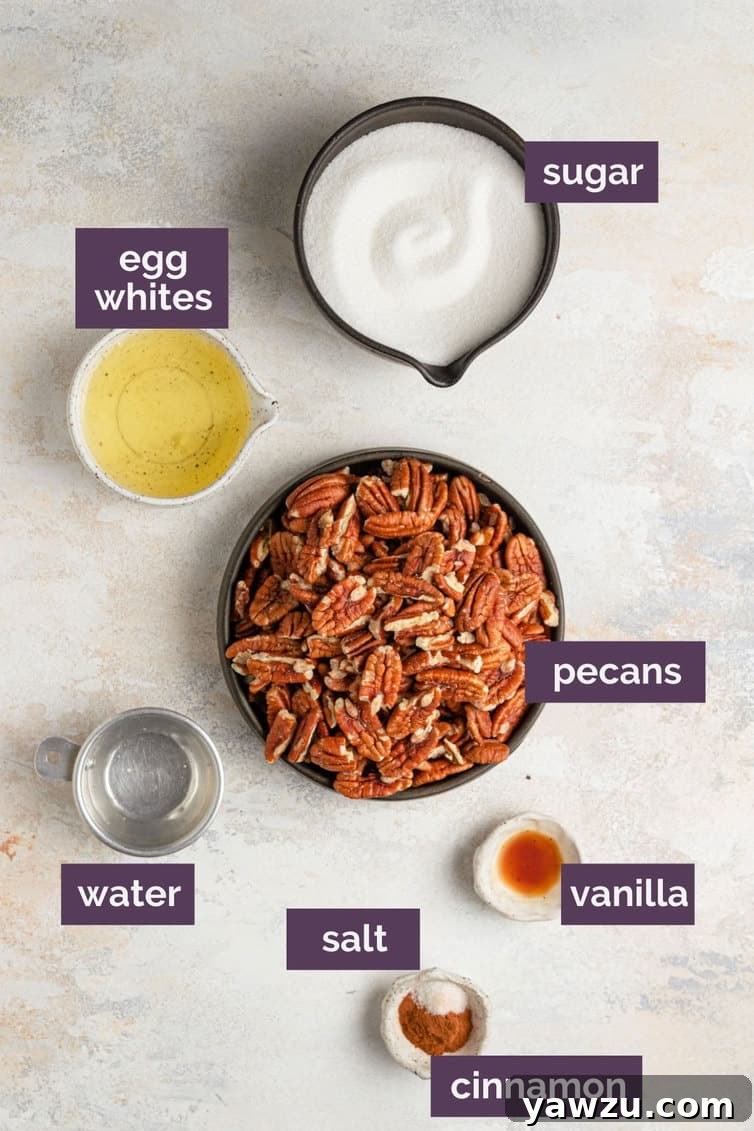 The ingredients for candied pecans on a white counter labeled with purple labels.