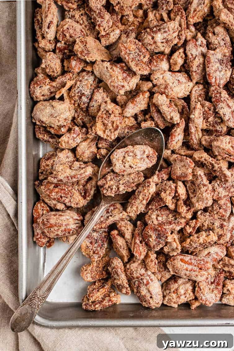 A silver baking sheet with candied pecans and a silver spoon with a few pecans on the spoon.