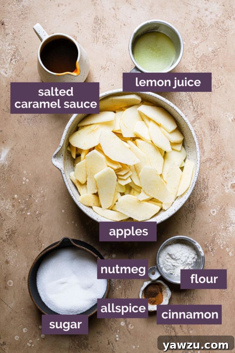 A collection of key ingredients laid out for making a salted caramel apple pie: apples, flour, sugar, butter, caramel sauce, and spices.
