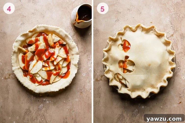 Close-up of the assembled salted caramel apple pie before baking, showing the intricate crimped edges and apple filling.