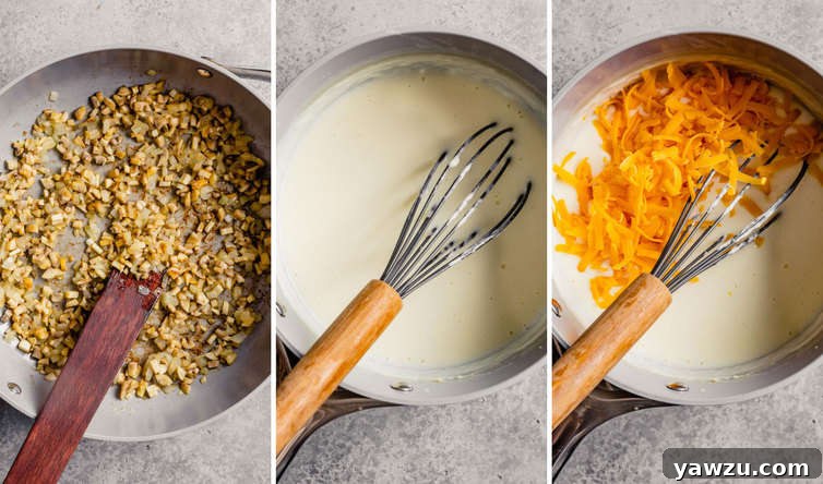 A visual collage showing three stages of casserole preparation: on the left, sliced mushrooms are cooking in a skillet; in the middle, a white sauce is being whisked in a pot; on the right, the sauce is topped with shredded cheese.