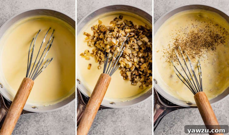 Three side-by-side pictures illustrating the process of making a cheesy sauce. Each image shows a whisk actively stirring ingredients in a pot, demonstrating the smooth texture being achieved.