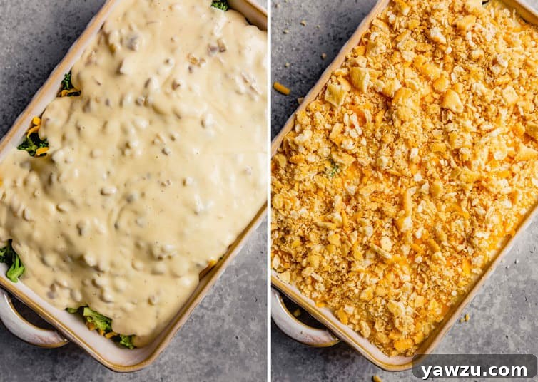 Side by side images depicting two stages of casserole assembly. The left shows the casserole dish topped with creamy sauce, and the right shows the casserole topped with the signature Ritz cracker mixture, ready for baking.