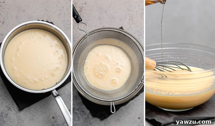 A series of three photos showing the custard base of eggnog.