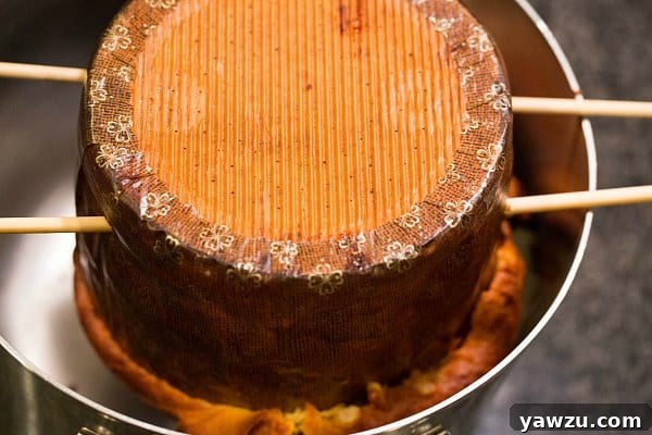 Homemade Panettone hanging upside down on skewers to cool, a crucial step for achieving its signature light and airy texture in this Italian Christmas bread.