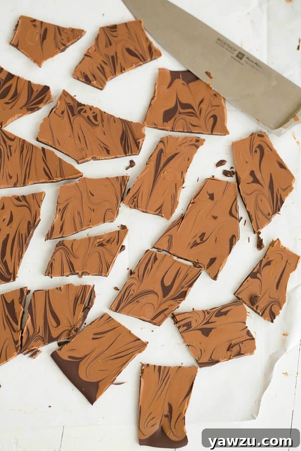 Close-up of Peanut Butter Swirl Chocolate Bark, showing the intricate chocolate and peanut butter patterns.