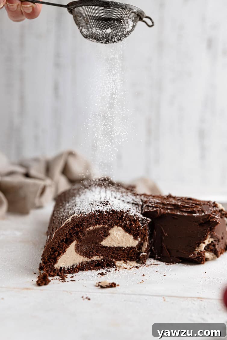 Powdered sugar being sprinkled over a Buche de Noel