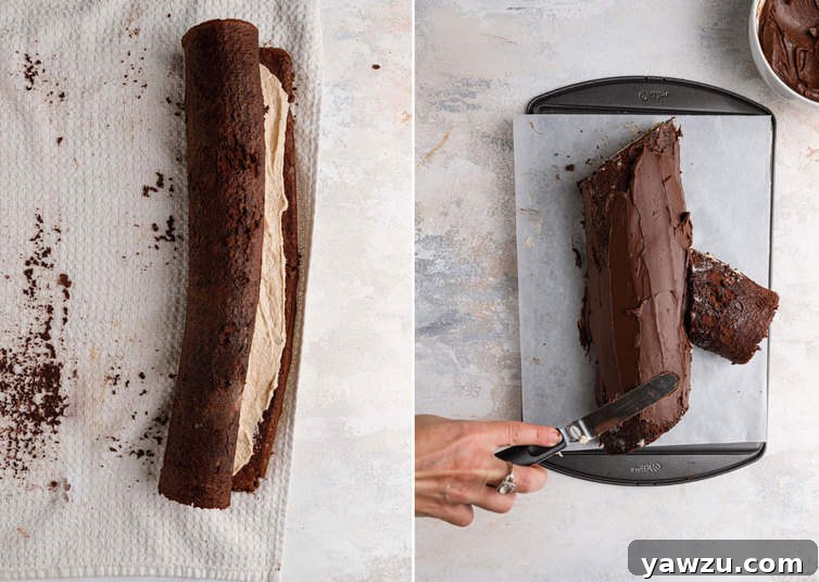 Buche de Noel filled and rolled up, then being iced with chocolate ganache.