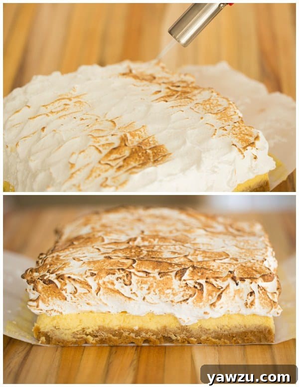 Tall, fluffy, and perfectly toasted meringue peaks crowning the lemon bars.