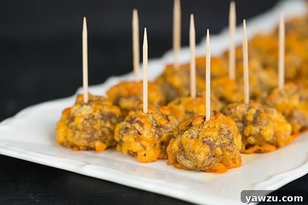Close-up of golden brown Sausage Cheddar Bites with a hint of spice, perfect for game day or parties.
