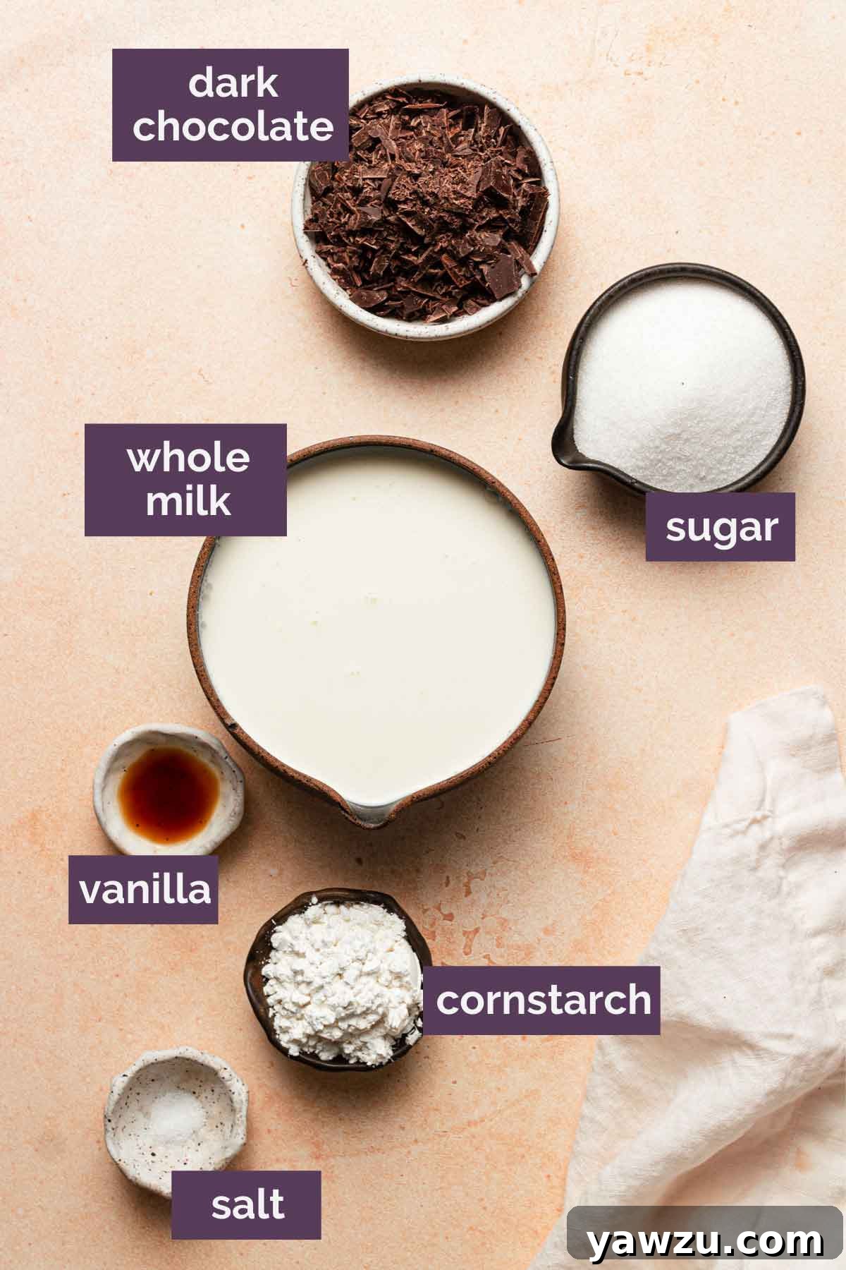 Ingredients for chocolate pudding prepped and labeled.