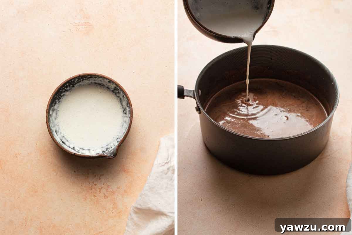 Side by side photos of small bowl with cornstarch slurry and then it being poured into chocolate mixture.