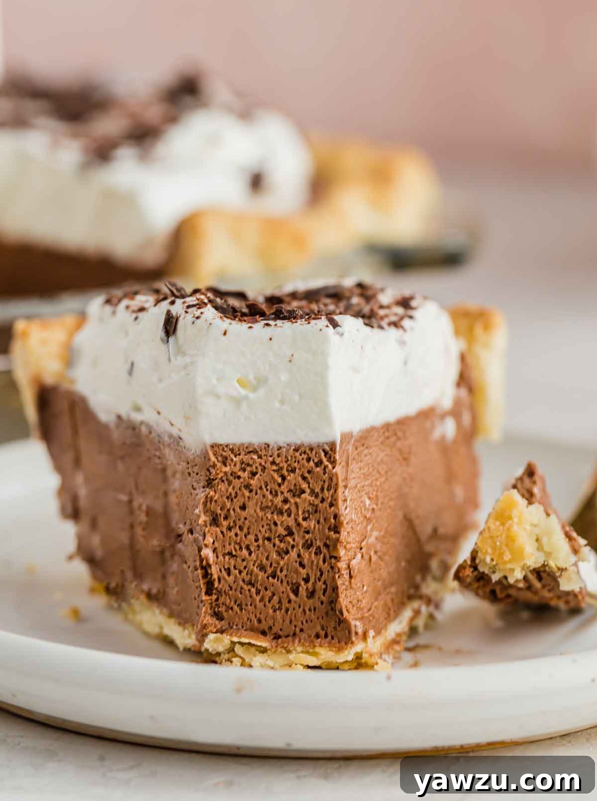 Head-on closeup photo of French silk pie on a white plate with forkful removed from front.