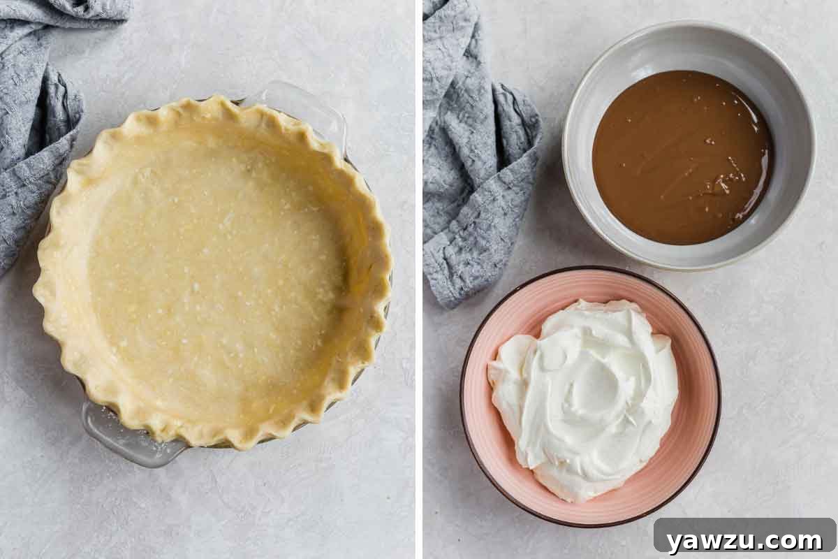 Side by side photos of an unbaked pie crust, and bowls of whipped cream and melted chocolate.