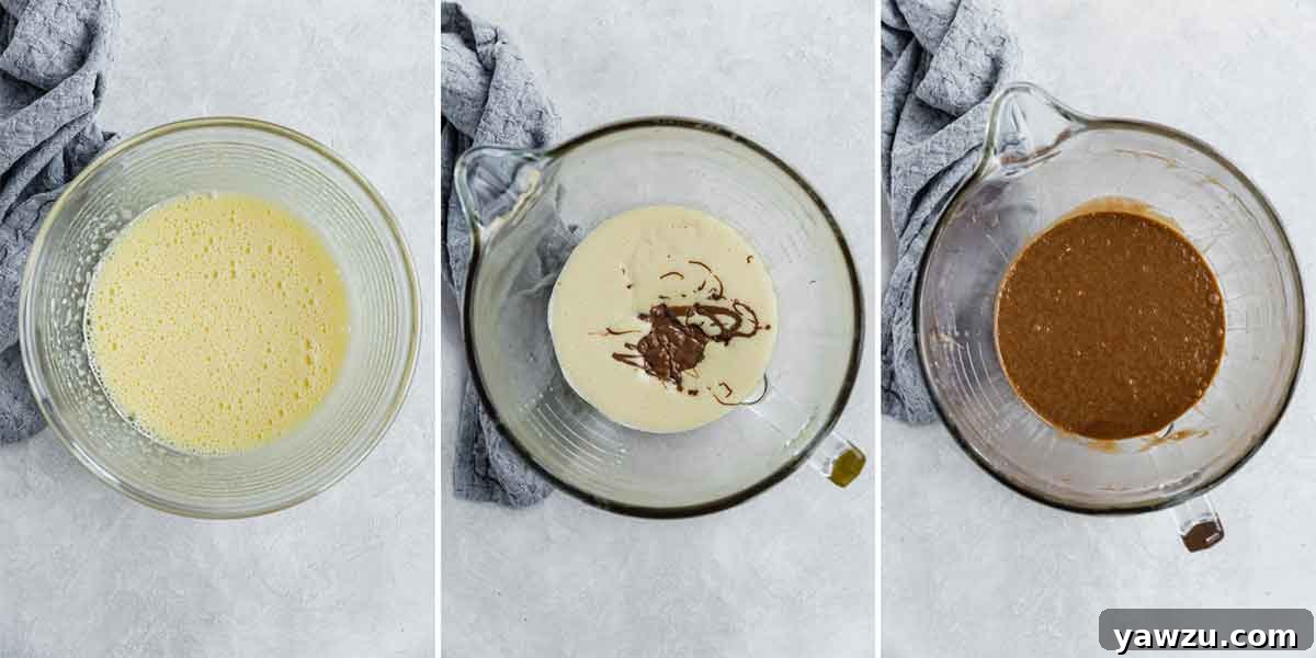 Photo collage of whipped eggs being combined with melted chocolate.