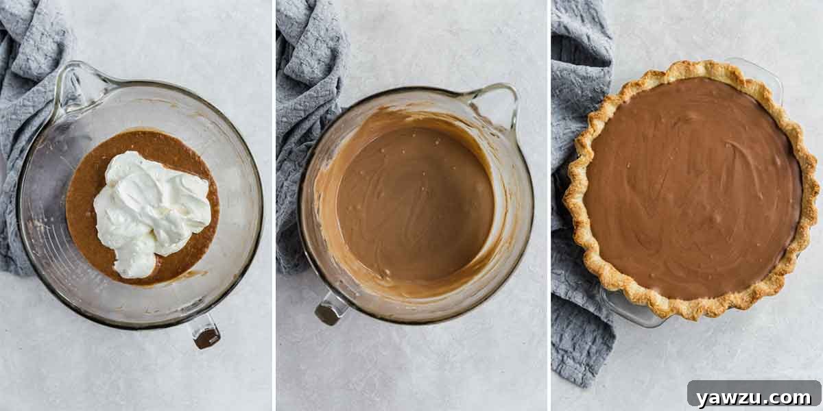 Whipped cream being folded into chocolate mixture and chocolate filling spread into baked pie shell.