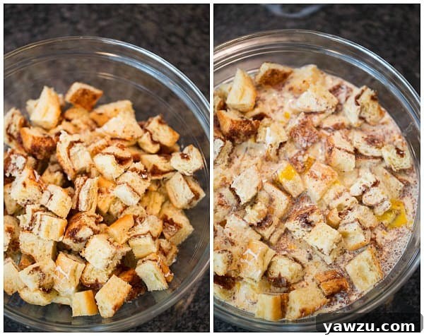 Close-up of Cinnamon Roll Bread Pudding, showcasing the gooey texture and golden brown crust, ready for icing and serving.