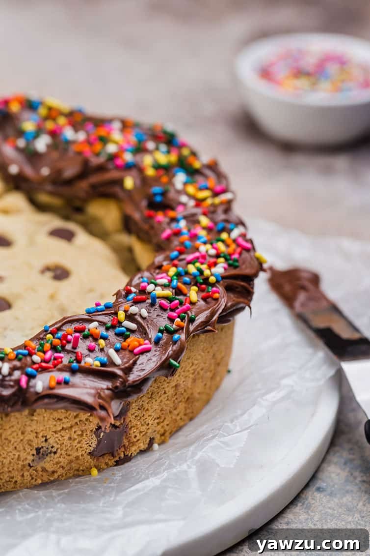 A chocolate chip cookie cake decorated with chocolate frosting and sprinkles around the edges.
