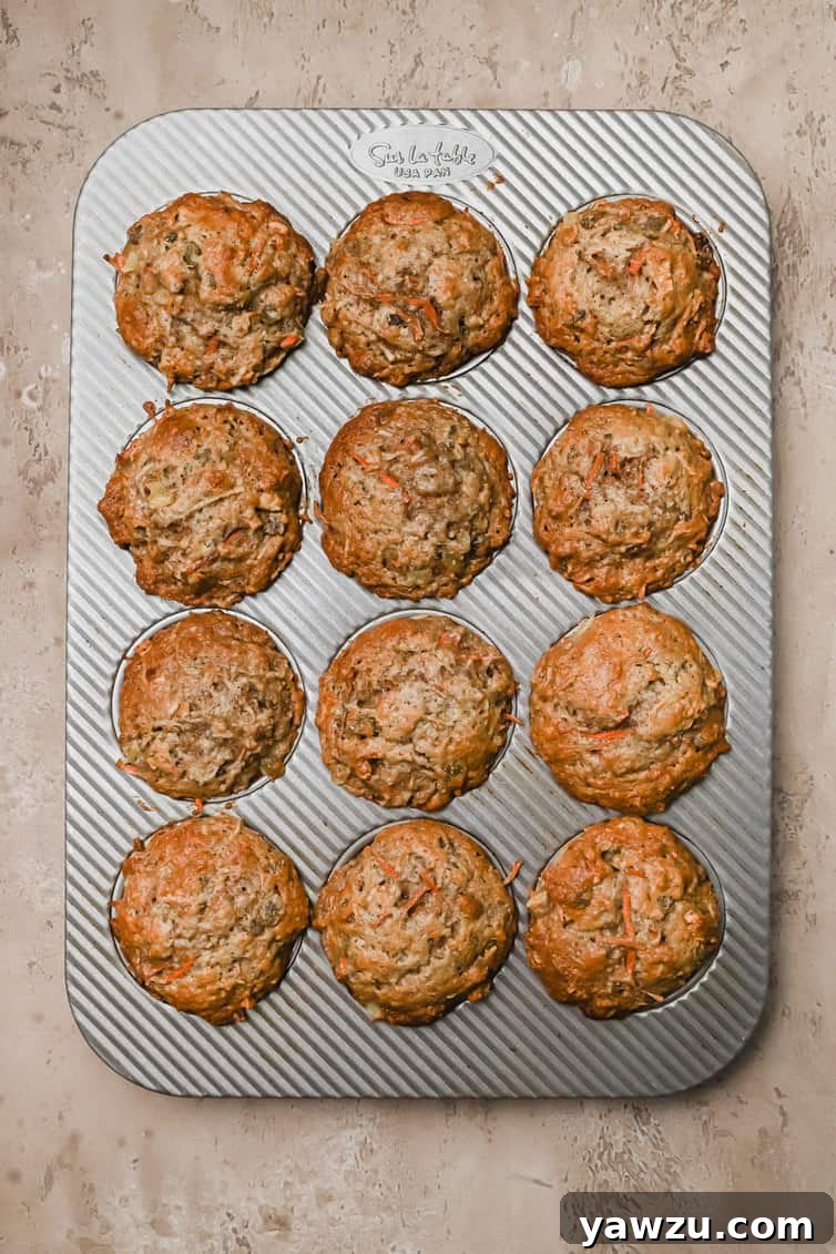 An overhead shot of a batch of perfectly baked Morning Glory Muffins still in the muffin pan, showcasing their golden-brown tops and inviting texture before cooling.
