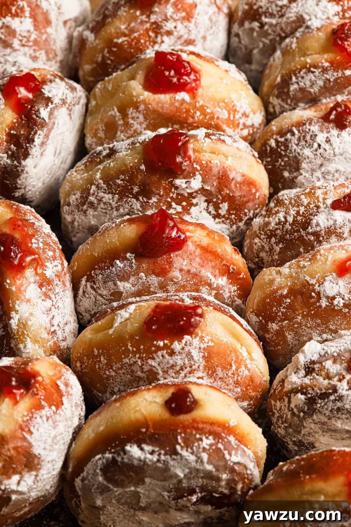 Close up photo of paczki lined up close together with the fruit preserves peeking out of the filled doughnuts.