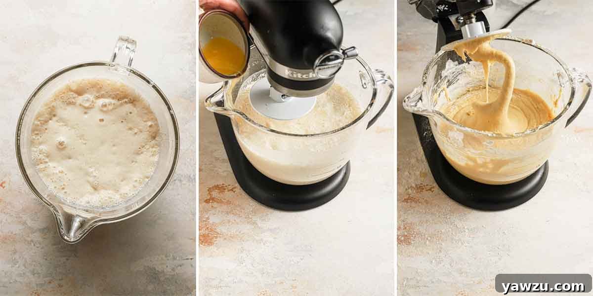 Three photo collage of mixing the dough for paczki doughnuts.