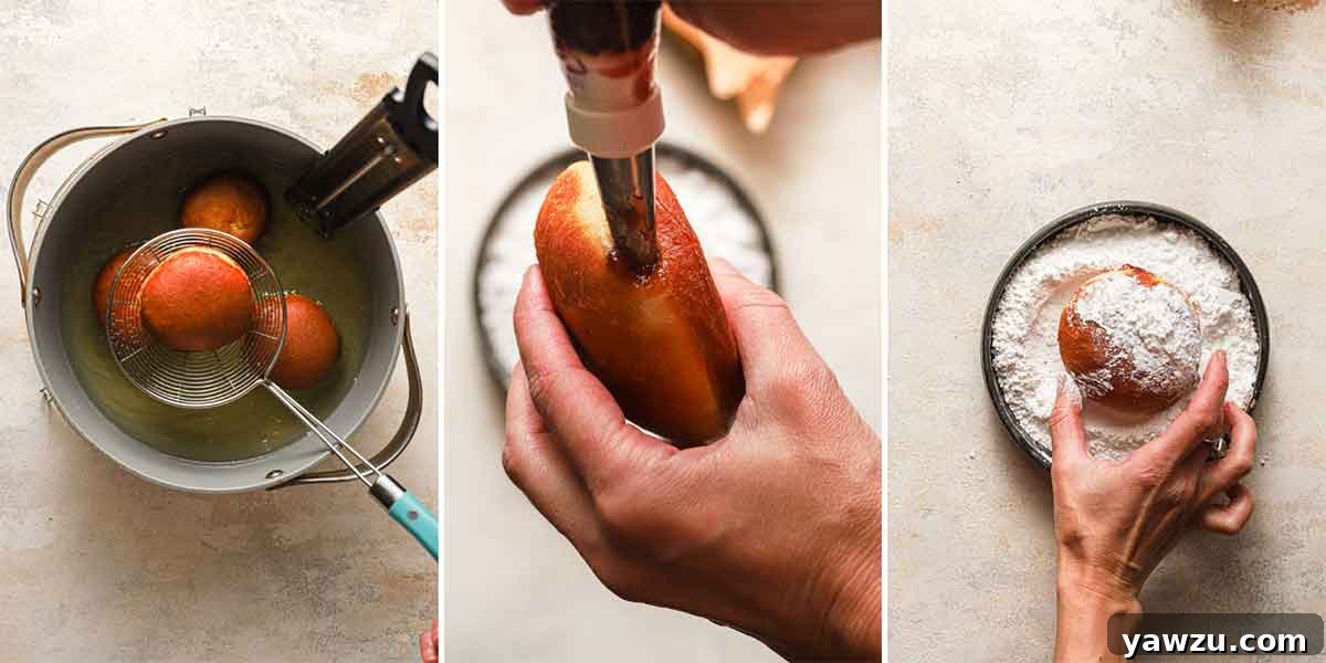 Paczki doughnuts being fried, then filled with fruit preserves and rolled in powdered sugar.