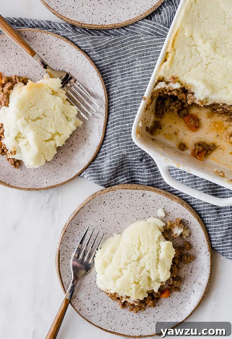 An overhead shot showcasing two servings of Shepherd's Pie on plates, with the rustic casserole dish in the background after servings have been scooped.