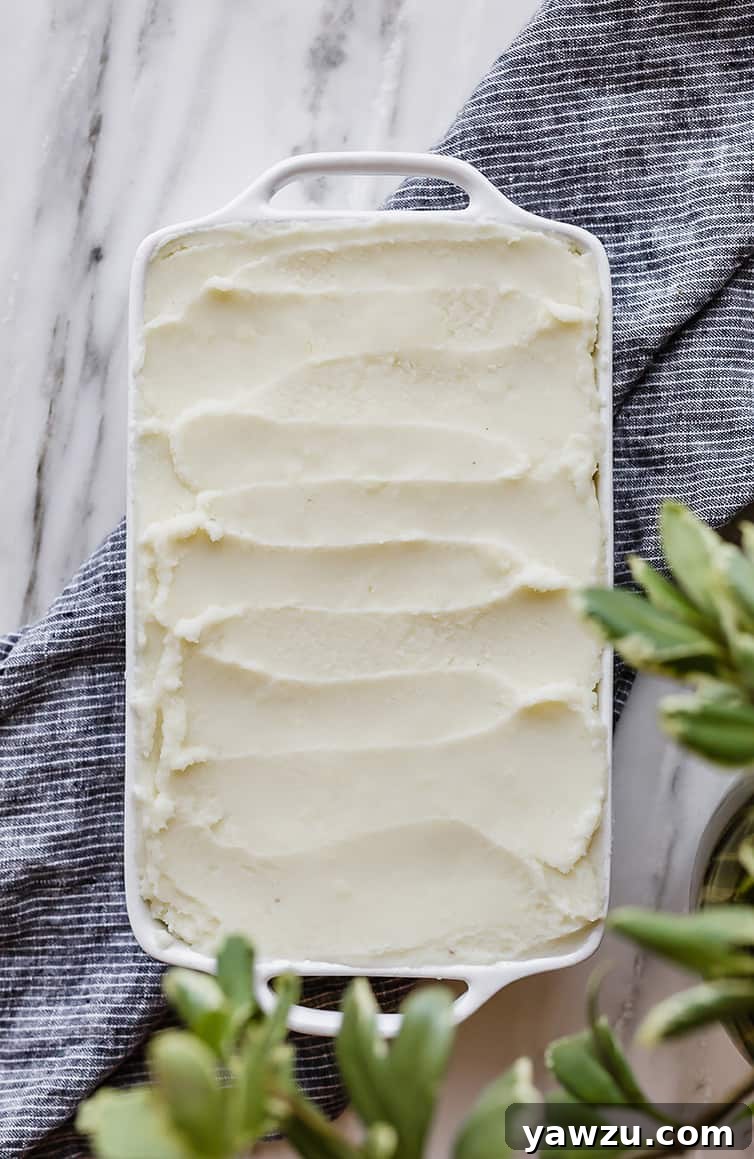 An overhead shot captures the fully assembled Shepherd's Pie in its casserole dish, showcasing the beautifully spread mashed potato topping before baking.