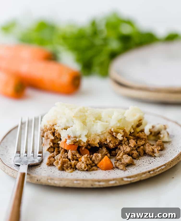 A beautifully plated serving of Shepherd's Pie, garnished with fresh parsley, with fresh carrots visible in the soft-focus background.