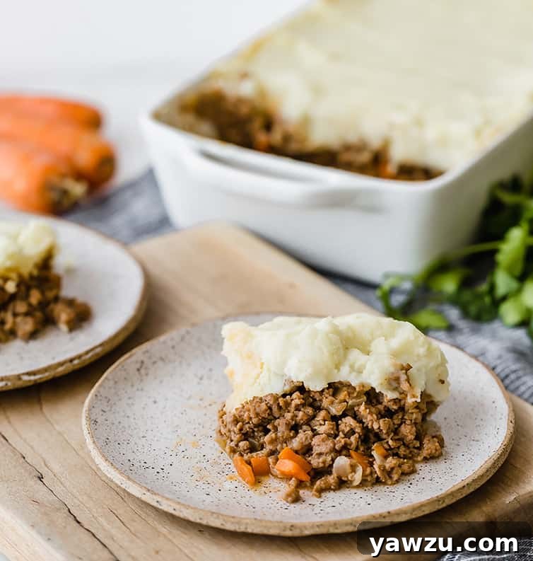 A plate of classic Shepherd's Pie alongside the casserole dish, showcasing its comforting appeal.