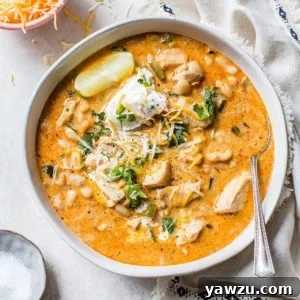 An overhead shot of a bowl of white chicken chili.