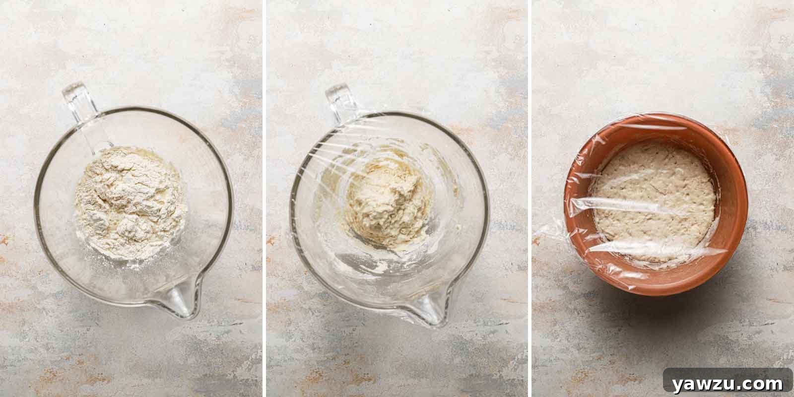 Step by step photos of the sponge (biga) for ciabatta bread, first mixed together, then after an overnight rise, showing increased volume and bubbles.