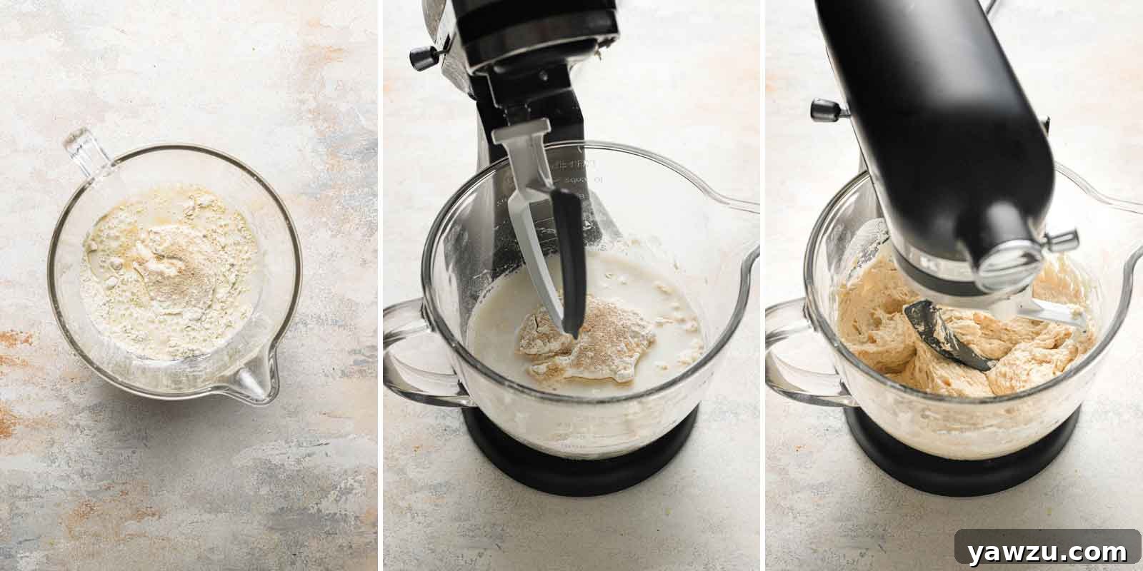 Three side-by-side photos of ciabatta bread dough being mixed in a stand mixer, showing its progression from shaggy to a uniform mass.