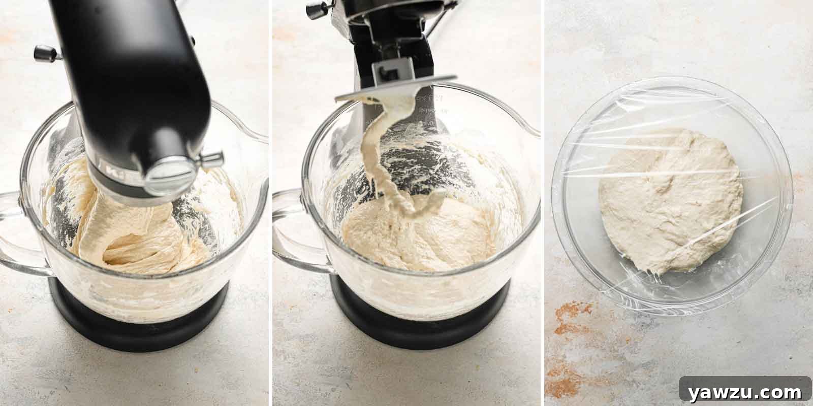 Ciabatta bread dough being kneaded in a stand mixer, then gently transferred to a glass bowl to begin its first rise.