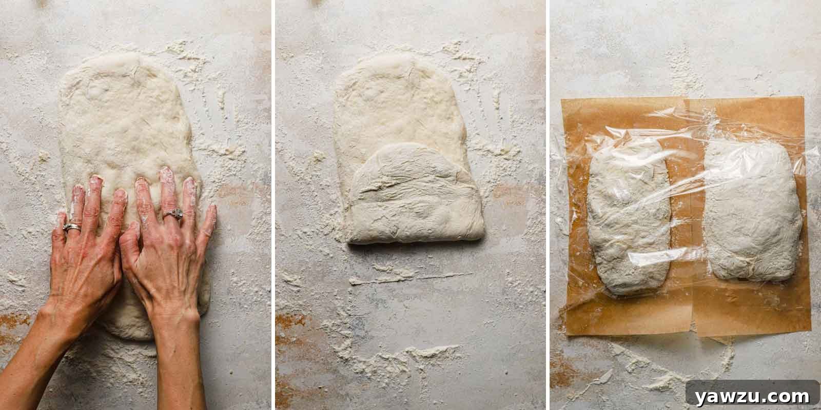 Photos depicting the detailed process of shaping ciabatta bread dough and covering it for its final rise.